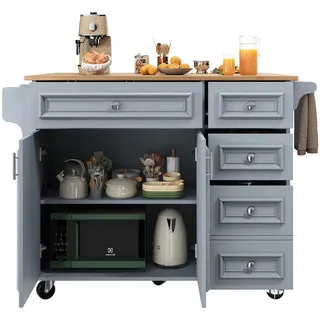 Okwish Kücheninsel mit Abnehmbarem Servierwagen Stauraum Küche 110 x 45 x 92 cm Blau