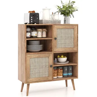 COSTWAY Sideboard Holz, Kommode mit 4 Fächern & 2 Türen, Anrichteschrank Rattan, Schrank modern, 80 x 29,5 x 97cm - Hellbraun