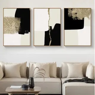 HEHGVCF 3er Set Leinwand Poster Modern Minimalistisch Beige Schwarz und Gold Wand Bilder Geometrische Abstrakte Geometrie Kunstdruck Wanddekoration Deko Ungerahmt (40 x 60cm,Geometrische)