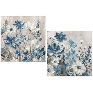 DRW Handbemaltes Leinwandbild mit Blumen in Weiß. Blau und Grün, 40 x 3,5 x 40 cm, Medidas: 40x3.5x40cm