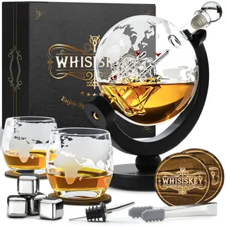 WHISISKEY Whisky Karaffe Set - Whiskey Geschenkset - Geschenke für Männer - Männergeschenke Geschenk - Geburtstagsgeschenk Mann - Globus Dekanter 900ML, Geschenkbox, 2 Gläser, 4 Whisky Steine