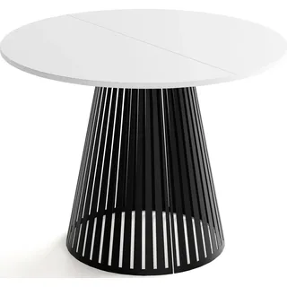 Esstisch Rund Ausziehbar mit Lamellen im Loft-Stil – 120 bis 200 cm – Industrieller Tisch mit Schwarzen Metallbeinen, Platzsparend für Wohnzimmer oder Esszimmer – Weiß - Weiß