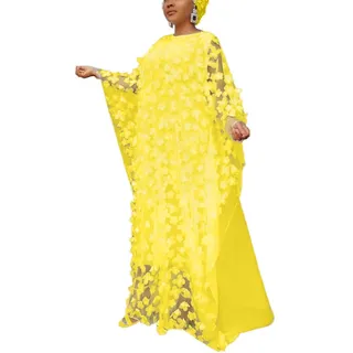 HD Damen-Kleid mit Blumen-Applikationen im afrikanischen Stil, U-Boot-Ausschnitt, Chiffon-Kaftan, Einheitsgröße, gelb, Einheitsgröße