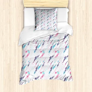 ABAKUHAUS Retro Mantele, Eighties Stil Futuristisch, Milbensicher Allergiker geeignet mit Kissenbezügen, 135 cm x 200 cm - 80 x 80 cm, Pale Blue Plum Rosa