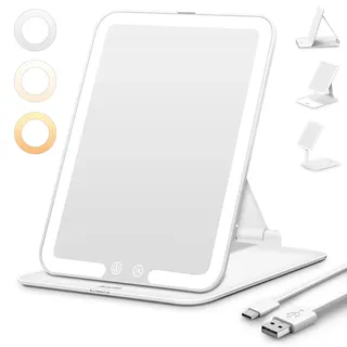 Auxmir Kosmetikspiegel mit Beleuchtung, Ultra Dünn Schminkspiegel mit 3 Lichtfarben, LED Spiegel mit Beleuchtung, USB Wiederaufladbar Tischspiegel Reisespiegel für Schminktisch, Reise, Weiß