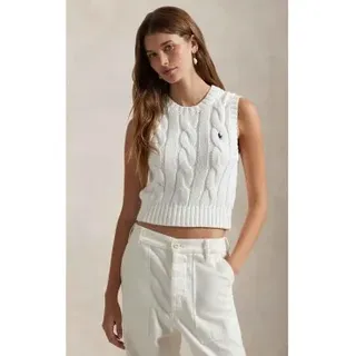 Polo Ralph Lauren für Damen. 211959295001 Gehäkelte Weste aus weißem Achter-Strickstoff (XL), Baumwolle, Ärmellos / Hosenträger