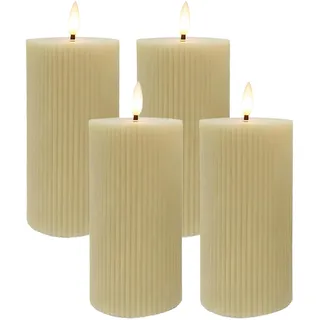 Relaxdays LED Kerzen, 4er Set, HxD: 18 x 7,5 cm, flackernde Flamme, Echtwachs, Rillen, flammenlose Blockkerzen, beige