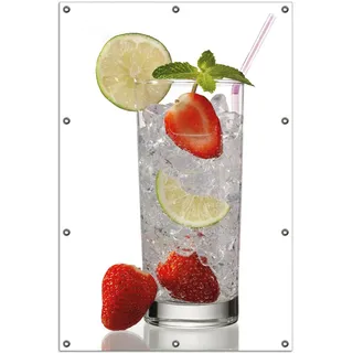 Wallario Outdoor-Poster für Garten oder Balkon, Motiv Glas Wasser mit Erdbeeren, in ca. 100 x 150 cm - Weiß