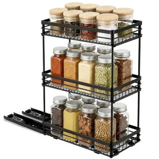 Toyzy Gewürzregal Ausziehbar, 3 Etagen gewürz organizer, gewürzregal ohne bohren, Schwarz Metall 40.5cm x 15cm x 26cm, gewürzregal schublade, küchen organizer schrank