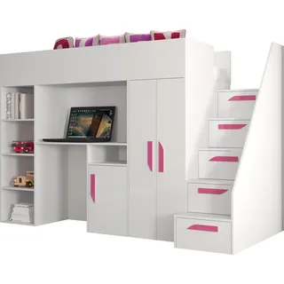 Etagenbett für Kinder Party 14 Stockbett mit Treppe und Bettkasten (Weiß + Weiß Glanz + rosa Griffe) - Weiß