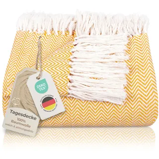 Gräfenstayn Premium Tagesdecke mit Fransen - 100% Baumwolle - 180 x 240 cm - Fischgrätenmuster Sommerdecke - Baumwolldecke als Bett-Überwurf, Couch-Überwurf, Sofa-Decke (Gelb)