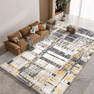 Vamcheer Waschbar Teppich Wohnzimmer, 10MM Eingedickter Schwamm 240X340 cm | Flauschiger Teppich, Rutschfest, Extra Weich, Modernes Design, für Wohnzimmer, Schlafzimmer, Arbeitszimmer, Büro, Gelb/Grau