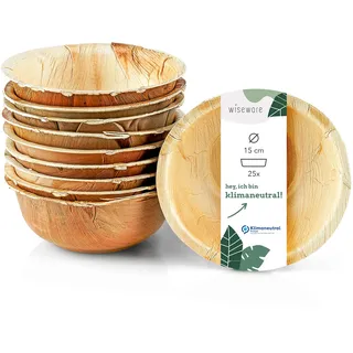 Wiseware Palmblatt Schale – 25 Stück Einweg-Schüssel rund Ø 15 cm 425 ml – biologisch abbaubares Palmblattgeschirr – kompostierbares Suppenschalen Set für Party, Buffet, Camping – Bio Einweggeschirr