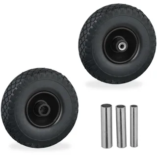 Relaxdays Sackkarrenrad 2er Set, 3.00-4, Vollgummi, Komplettrad Stahlfelge, 3 Adapter, Ersatzrad Schubkarre, schwarz
