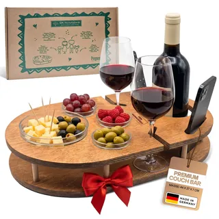Weinbar für die Couch in Eiche mit 4 Glasschalen | Couchbar Snackbox für Wein mit Getränkehalterung für Weingläser und Weinflasche | Sofabar für Snacks | Couch Tablett | Snackbar
