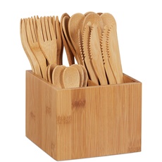Bild Bambus Besteck Set, je 10 x Messer, Gabel, Löffel & Teelöffel, Besteckhalter, wiederverwendbar, 41-tlg., natur, Hellbraun