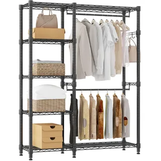 Offener Kleiderschrank mit 5 Ablagen,Schwerlast Kleiderständer ,Stabil,Kleiderstange Metall,Höhenverstellbar,Garderobenständer System mit 1 Haken ,Schlafzimmer Flur Wohnzimmer 114*44*195cm Schwarz