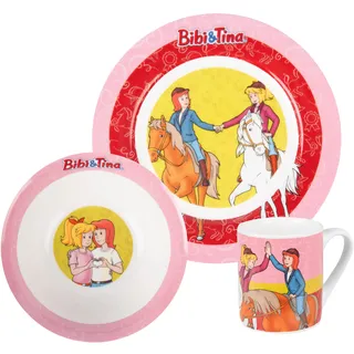 Bibi & Tina Frühstücksset - Pferde Kinder Geschirr Set 3-tlg. Teller, Schale & Tasse aus Porzellan Mehrfarbig