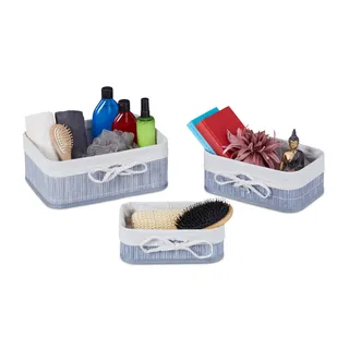 Relaxdays Aufbewahrungskorb 3er Set, Bambus, Stoff, eckige Aufbewahrungsbox für Regal & Schrank, 3 Größen, grau/creme