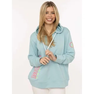 Hoodie ZWILLINGSHERZ "Moin Koordinaten", Damen, Gr. S/M, tükis, Jersey, Obermaterial: 50% Baumwolle, 50% Polyester, unifarben mit Farbeinsätzen, hüftbedeckend, ohne Ausschnitt, Sweatshirts Hoodie, V-Ausschnitt, mit MOIN und Anker Stickerei, Kapuze und Kordelzug