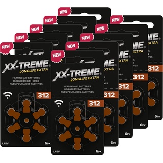 xx-treme Longlife Extra Hörgerätebatterien Typ 312-60 Stück Hörgeräte Batterien konzipiert für höchste Leistung – Pack mit 10 Blistern à 6 Hörgerätebatterien – PR41 Farbcode braun 1,45 Volt