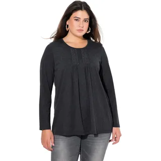 Ulla Popken Damen Shirt, Falten, Perlen, A-Linie, Langarm Tunika-Shirt, Schwarz, 46-48 EU