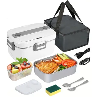 SOBEAU Elektrische Lunchbox, 3-in-1 12/24/220V Thermo Lunch box, 1.8 L Großbehälter Lunchbox Erwachsene, Heatsbox mit Besteck und Isolierter Lunchbeutel für Auto, Haushalt, Office, Weiß