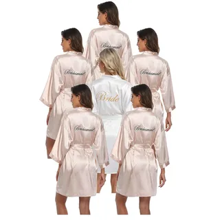 PENGEE 6-teiliges Damen-Bademantel-Set, Satin, für Hochzeit, Party, Brautjungfer, Kimono-Set, Brautparty, Bereitstellung von Brautjungfern, Champagnerfarben und Weiß, Einheitsgröße