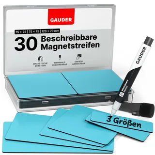 GAUDER Magnetetiketten beschreibbar - Wiederverwendbare Magnetschilder zum Beschriften für Whiteboard, Tafel, Kanban-Board und Kühlschrank - Magnetkarten mit Marker (30 Stück - 3 Größen)