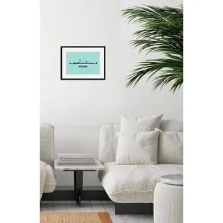 Bild QUEENCE "Düsseldorf Skyline", blau (farbe rahmen: schwarz, farbe bild(er): blau), B:50cm H:40cm, Acrylglas, Holz, Papier, Bilder, Bild, HD Premium Poster-Druck inkl. Holzrahmen