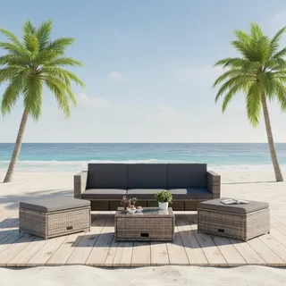 Mucola Gartenmöbel 6tlg. Gartenlounge Sitzgruppe Gartenset Ottomane Polyrattan Schwarz Set Sitzgarnitur Essgruppe Balkon - Grau - Grau