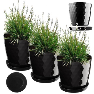 KADAX Blumentopf, Kunststoff Topf-Set mit Untersetzer, Pflanzkübel aus leichtem Material, dekorativer Kräutertopf, Topf für Blumen, Pflanzen, Kaktus und Sukkulente (Set of 3 – 20cm, schwarz)