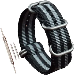 MZBUTIQ 21mm Schwarz/Grau Nylon Uhrenarmband Watch Belt Herren Damen Matte Silberne Schnalle 5 Ringe