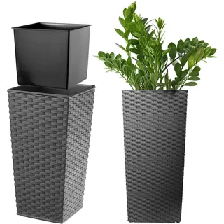 KADAX Pflanzkübel mit Innentopf, Höhe 46.5cm, 24x24cm, ca. 13L – Rattan-Optik Grafit, Frostsicherer Blumentopf für Innen & Außen, Garten, Balkon & Terrasse, UV-beständig, wetterfest