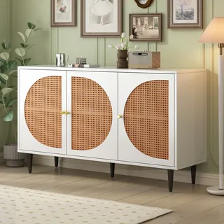 okwish Sideboard mit 3 Rattan verzierten Türen Kommode Highboard mit Metallgriffe, für Schlafzimmer & Wohnräume & Büro, Weiß 129.8x 40x 76cm - Weiß