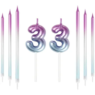 Mciskin 33th Birthday Number Kerzen Dekorationen Bunte 33 Kerze mit Rosa Lila Lange Kerzen Kuchen Kerzen Kuchen Topper Dekorationen für Jungen Mädchen Männer Frauen Geburtstagsfeier Hochzeit Jubiläum