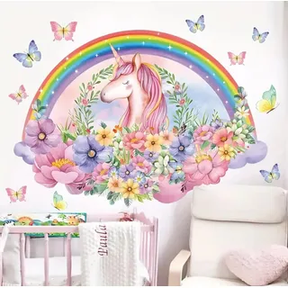 WandSticker4U®- Wandtattoo EINHORN REGENBOGEN XXL rosa (95x68 cm) I Wandsticker Kinderzimmer Mädchen Einhorn Regenbogen Blumen Prinzessin I Wandaufkleber Kinderzimmer Deko Mädchen Babyzimmer GROß