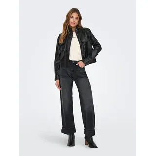 Weite Jeans ONLY "ONLELLA MW WIDE FOLD UP TAI523 DNM", Damen, Gr. M (38), Länge 32, washed schwarz, Denim/Jeans, Obermaterial: 100% Baumwolle, unifarben, lang, Jeans Weite Jeans, mittlere Taille, weite Beinform, washed black