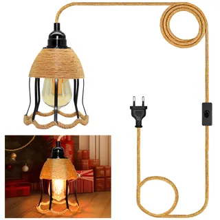 Hängelampe Kit mit Stecker, 510CM Hanfseil Lampe mit E27 Lampenfassung und Blumen Form Metall Lampenschirm, Lampenkabel mit Schalter, Pendelleuchte mit Stecker, Landliche Stil, Keine Glühbirne