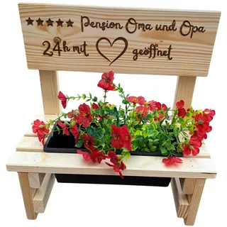 KlaSa Kreativwerkstatt Blumenbank aus Holz mit Gravur,Dekorative Pflanzbank mit Blumenkasten,Geschenk für Mama,Oma,Opa–Gartenbank für Balkon&Terrasse, Outdoor Muttertag (Pension Oma und Opa)