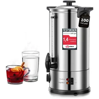 Glühweinkocher 10L, 1500W Heißwasserspender 100 Tassen/H, Glühweintopf mit Zapfhahn & Thermostat, Elektrischer Heißgetränkespender & Edelstahl Glühweinkessel