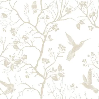 FunStick 44.5CMx9M Klebe Tapete Selbstklebend Blumen Weiß Beige Klebefolie Möbel Vintage Blumen Vögel Botanisch Landhaus Wasserdicht Wandtapete Selbstklebend Weiß Bäume Vögel Möbelfolie Schlafzimmer