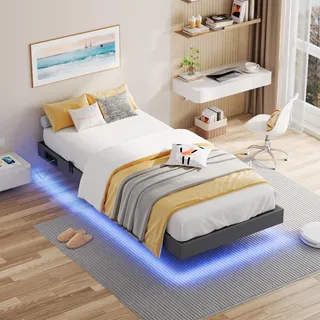 ironck Bett 90x200 mit LED Beleuchtung und Ladestation, Bettgestell 90x200cm mit Stauraum, Floating Bed Frame, Bettrahmen 90x200cm, Jugendbett, Metallbett mit Lattenrost Einzelbett, Grau