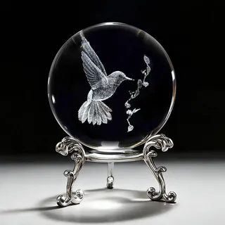 3D lasergraviert Kristallkugel Vogel mit Ständer Kolibri Briefbeschwerer | 60 mm große Kristallfigur Vogelform dekorative Glaskugel Tiermotiv Dekoration hummingbird Crystal Ball zu Hause, Zimmer Büro