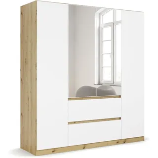 Rauch Möbel Drehtürenschrank mit 2 Schubladen, 2 Spiegeltüren, Kleiderschrank weiß, Garderobe, 4-türig, grifflos mit Push-to-Open-Funktion, Farbe Weiß-Eiche Artisan, Holz, 181x197x54cm