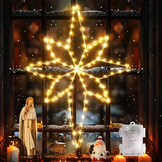 Quntis 118LED Weihnachtsstern faltbar 58cm große Stern Fensterdeko Batterie | Mit Timer Haken Weihnachtsdeko Innen Außen Warmweiß IP44 Weihnachtsbeleuchtung Outdoor für Fenster Zimmer Tür Wand Glas