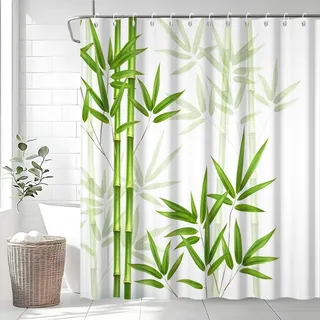 Uiiooazy Duschvorhang 180x220cm, Duschvorhang Anti Schimmel Bambus Grüne Blätter Abstrakt Zen Waldmotiv Duschvorhänge Stoff Waschbar Wasserdicht Polyester Bad Vorhang mit 12 Haken für Badezimmer