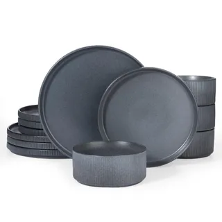 Richmount Star 12-teiliges teller set, Geschirrset 4 personen, Steingut Geschirr Set, Anti-Kratzer Tafelservice, Mikrowellen & Spülmaschinenfest, Matt Schwarz