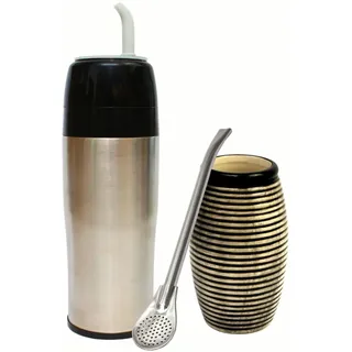 Set Thermoskanne Yerbomos 2.0 für Yerba Mate Tee 350 ML ● Vacuum Flask ● Bombilla-Strohhalm aus Edelstahl ● Keramikbecher für Mate-Tee ● tragbares Autozubehör, Grün