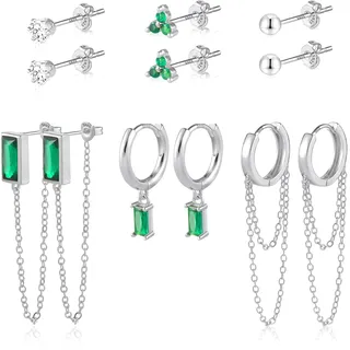 Ohrringe Creolen Ohrstecker Silber Damen, 6 Paar 925 Sterling Silber Ohrringe Creolen mit Anhänger Ohrhänger Ohrstecker Grün Schmuck Hängend Kette Klappohrringe für Damen